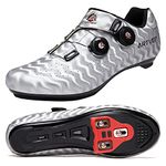 Mens Cycling Shoes Women Road MTB Shoes Compatible with Look SPD SPD-SL Delta Cleats Compatible with Peloton Stripes Silver Size UK 7.5
