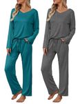 Ekouaer Womens 2 Pack Pajama Set Long Sleeve Pajamas Top and Pants V Neck Pjs Set Soft Loungewear with Pockets Dark Gray, Green