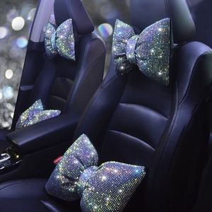 Pirador Bling Car Neck Pillow with Bow Tie Rainbow Crystal Rhinestone Diamond Automotive Accessories for Ladies and Woman Girls Driving Comfort Auto Seat Pillow for Driver Colorful 2Pcs