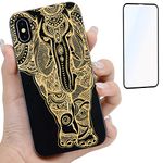 iProductsUS Wood Phone Case Compatible with iPhone XR and Screen Protector-Engraved Unique Elephant Black Bamboo Case, Built-in Metal Plate,Compatible Wireless Charger,TPU Shockproof Cover (6.1")