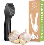 Oliver's Kitchen ® Premium Garlic Press - Super Easy to Use & Clean Garlic Crusher & Mincer - Crush Garlic & Ginger Effortlessly (No Need to Peel) - Built for Life - Strong & Durable (Matt Black)