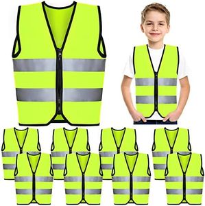 10 Pcs Kids Safety Vest Children's High Visibility Vest with Zipper Toddler Reflective Vest Kids Construction Vest Neon Traffic Vest with Reflective Strips for Aged 3-10, Cycling and Running, Green, Yellow, One Size