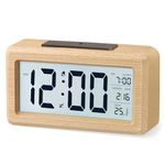 aboveClock Wooden Digital Alarm Clock for Bedroom, Battery Operated Bedside Clock with Large LCD Backlit Display, Snooze, Brightness Sensor and Indoor Temperature, 3 AAA Batteries Not Included