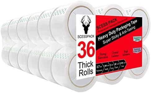 SCESSPACK Clear Packing Tape 36 Rolls,2.7mil Heavy Duty Packaging Tape Refills for Shipping Packaging Moving Sealing, 1.88 Inch x 60 yd Per Roll,Total 2160 Yards