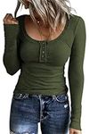 KINGFEN Women's Long Sleeve T Shirts Scoop Neck Casual Henley Top Button Down Blouses Basic Ribbed Knit T Shirts Green UK10 UK12