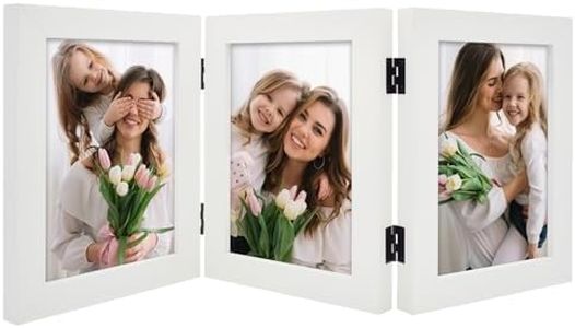 Frametory 5x7 inch Hinged Picture Frame with Glass Front - Made to Display Three 5x7 inch Pictures Stands Vertically on Desktop Or Table Top (5x7 Triple White)