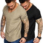 COOFANDY Mens 2 Pack Muscle V Neck T Shirt Fitted Gym Workout Short Sleeve Tee, Black/ Khaki(v Neck), X-Large