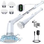 LABIGO Electric Spin Scrubber LA2 Pro, Shower Scrubber with Display，2 Adjustable speeds, 4 Replaceable Brush Heads and Adjustable Extension Handle, Power Cleaning Brush for Bathroom Floor