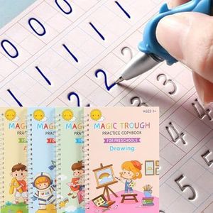 HFglobal Grooved Kids Writing Books - Reusable Grooved Letter Tracing for Kids - Magic Ink, Preschool Handwriting Workbook with 1 Pen + 1 Aid Pen Grip + 10 Pen Refills