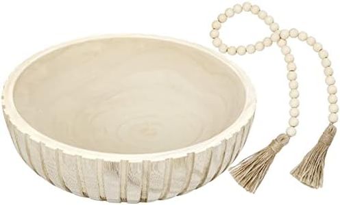 Kathfly Wooden Decorative Bowl Set Paulownia Wood Serving Bowl Natural Rustic Large Dough Bowl for Decor with Wood Bead Garland for Table Centerpieces Home Party Wedding Decor (Vertical Stripe)