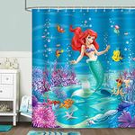 Bonhause The Little Mermaid Shower Curtain for Kids Underwater Fish 180 x 180 cm Girls Blue Bathroom Curtain Mildew & Mould Resistant Polyester Fabric Waterproof Bath Curtain with 12 Hooks