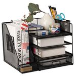 Desk Organizer Letter Trays with File Holder, 4-Tier Desk File Organizer with Drawer and Pen Holder, Mesh Desk Organizers and Accessories with Magazine Holder for Office Supplies (Black)