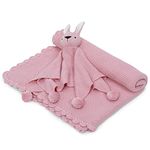 haus & kinder 100% Cotton Knitted Blanket for New Born Baby | Baby All Season AC Blankets | Quilt Wrapper for New Born Boy & Girl | Size 80 cm x 100 cm, 0 to 2 Years | Thumbie with Toy (Pink)