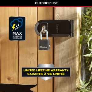 Master Lock Heavy Duty Outdoor Padlock – Weatherproof Laminated Steel, Keyed, Medium Shackle
