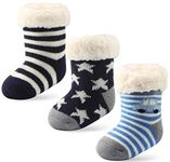 Wobon 3 Pairs Toddler Boy Sherpa-lined Fuzzy Socks Anti Skid with Grips, Baby Boy Christmas Socks Kids Slipper Socks (3 Pairs Boys, 2-3 Years)