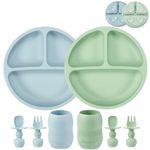 PandaEar Silicone Baby led Weaning Set| 2 Pack Divided Suction Plates and 2 Pack Tiny Sippy Cup with 2 Spoons 2 Forks| Silicone Baby Feeding Set| Baby Self Feeding Cutlery (Blue/Green)