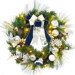 Adeeing 24 Inch Christmas Wreath, Blue Silver Christmas Wreaths for Front Door with 20 LED Lights, Prelit Christmas Wreath with Ball Ornaments Pine Cone for Fireplace Window Indoor Outdoor Decoration