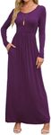 DEARCASE Maxi Dress for Women Purple Small Maternity Crewneck Long Sleeves Wedding Guest Loose Plain Casual Empire Waist Flowy Party Beach Vintage A-line Spring Fall Winter Dresses with Pocket