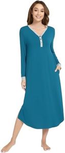 NACHILA Women's Nightgowns-Viscose Made from Bamboo, Long Sleeve Nightshirts Henley Sleepwear Soft Sleepshirt with Pockets Teal Blue S