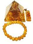 Sawcart Citrine Crystal Orgone Pyramid with Flower of Life Symbol, Stone Bracelet & Orgone Pendant Necklace Combo for Aura Cleansing, Reiki Spiritual Healing, Energy Generator, Yoga Meditation,