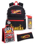 Hot Wheels Boys Backpack Set | Kids 4 Piece Black Rucksack Bundle with School Bag, Pencil Case, Lunch Bag & Water Bottle | Fire Finish Line Graphic Complete Matching Set | Back to School Gifts