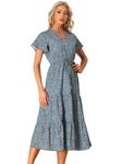 Allegra K Women's Summer Boho Dress Casual Short Sleeve V Neck Tiered Floral Midi Dresses Dark Blue L