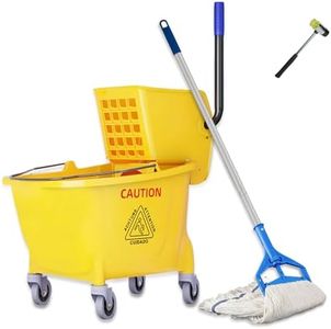 Commercial Mop Bucket with Side Press Wringer on Wheels with Industrial Heavy Duty Mop, 35-Quart, Yellow,ldeal for Household and Public Places Floor