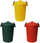TENLITE (Set of 3) 50 Litre Yellow, Dark Green and Red Heavy Duty Plastic Clip Lock Lid Bin Indoor or Outdoor Rubbish, Trash Can, Dustbin Waste or Storage of Animal Feed.