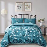 WONGS BEDDING Quilt Set King Size, 3 Pieces Teal Floral Botanical Leaves Bedspread Coverlet Set with 2 Pillowcases for All Season, Soft Microfiber Floral Bedding Set 104"×90"