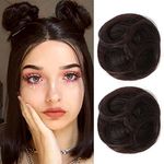 REECHO Space Bun Hair Pieces, 2 PCS Mini Claw Clip in Messy & Cat Ears Fake Hair Bun Extensions Wig Accessory Updo Hairpieces for Women Girls (Pack of 2-3.5" Wavy, Black Brown)