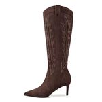 MIRAAZZURRA Brown Cowboy Knee High Boots Suede Boots for Women Embroidered Pointed Toe Kitten Heel Cowgirl Western Boots Size 8