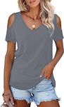 RANPHEE Womens Summer Cold Shoulder Tops Grey Short Sleeve V Neck Casual Basic Shirt Cute Ladies Fashion Trendy Clothing Loose Fitting Blouses M