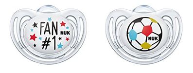 NUK Freestyle Football Edition Silicone Dummies, Orthodontic Shape, 6-18 Months, Pack of 2, Multi-Colour