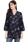 9 Impression Women Navy Blue Pintuck Mandarin Collar Pintuck Tunic (Dark Blue & White; 4XL)