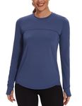 Gyabnw Long Sleeve Sports Tops UK UPF 50+ Women Lightweight Crew Neck Running Yoga Workout T-Shirts Ladies Breathable Casual Golf Activewear Top with Thumbhole Blue