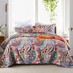Qucover Quilted Bedspreads Quilt Set 230x250 cm 3PCs Soft Cotton Orange Floral Paisley Pattern King Size Bedspread, Gorgeous Summer Bedspread and Comforter with 2 Pillowcases for All Seasons