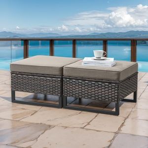 HUMMUH Outdoor Ottomans for Patio Set of 2 PE Wicker Outdoor Footstool with Removable Weather-Resistant Cushions for Patio, Backyard