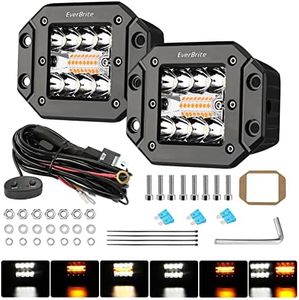 EverBrite 2PCS 48W Led Light Pods Flush Mount, Spot Flood White Amber Strobe 6 Modes with Memory Function, Off Road Fog Driving Light for Truck Car ATV SUV Cabin, 16AWG Wiring Harness Kit- 2 Leads