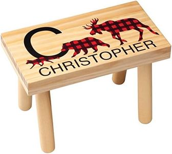 Fox Valley Traders Personalized Children's Step Stool, Natural Wood, Buffalo Plaid Design with Custom Name