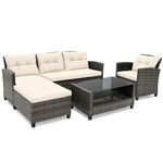 COSTWAY 4-Piece Garden Rattan Furniture Set, Patio Conversation Set with Cushions, Pillows and Coffee Table, All-Weather Outdoor Sectional L-shaped Sofa Set for Balcony Lawn Poolside (White)