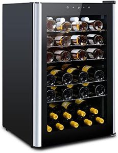 HCK 115L Wine Cooler with Glass Door 48 Bottles, Freestanding Undercounter Fridge, Quiet Wine Fridges Drinks Cabinet, 4-22°C Temperature Control with Digital Touch Screen, Single Zone, Black