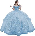 Mauuwy Princess Sky Blue Quinceanera Dresses 3D Floral Ball Gown Puffy Lace Tulle Sweet 16 Dresses for Women Off Shoulder Party Gown Luxury Vestidos De 15 Años 4