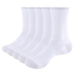 YUEDGE Womens White Cottton Crew Socks For Women Size 4-7, Moisture Wicking Cushioned Gym Golf Tennis Badminton Running Walking Training Athletic Sports Socks, 5 Pairs