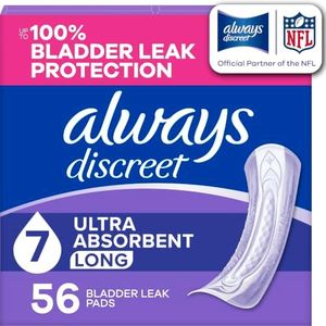 Always Discreet Adult Incontinence Pads for Women, Ultra Absorbency, Long Length, Postpartum Pads, Up to 100% Bladder Leak Protection, 56 Count