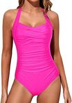 Tempt Me Women Tummy Control One Piece Swimsuits Push Up Slimming Bathing Suits Halter Vintage Swimwear, Hot Pink, Medium