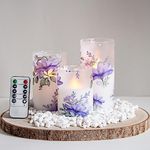 Mavandes Flameless Flickering Glass Candles with Remote and Timer,Purple Flowers LED Battery Operated Real Wax Set of 3 Moving Wick Electric Pillar Candles,Warm Fire(3 x 4, 5, 6 Inches)