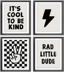 Retro Black Checkered Preppy Lightning Peace Hand Sign Poster Prints for Boy Teen Room Dorm Decor,Rad Little Dude Funny Decorations Prints Wall Art Unframed 4pcs 8x10inches,Teen Boys Gifts (8W×10L)