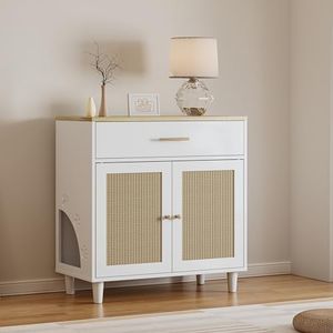 Cat Litter Box Enclosure with Scratching Board Doors, Hidden Cat Litter Box Enclosure Cabinet, Wooden Cabinet Pet Storage Cabinet Side Table for Indoor (White, 31.8 x 15.8 x 32.8 Inches)