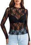 Avidlove Women's Mesh Top Long Sleeve Mock Neck Sheer Blouse See Through Floral Lace Tops Black X-Large