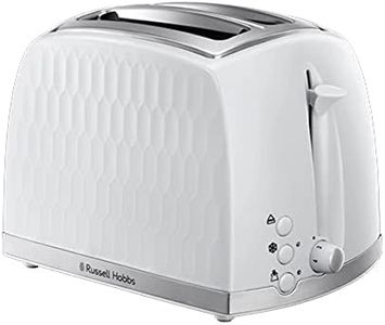 Russell Hobbs Honeycomb 2 Slice Toaster (Extra wide slots, High lift feature, 6 Browning levels, Frozen/Cancel/Reheat function, Removable crumb tray, 850W, White textured high gloss) 26060